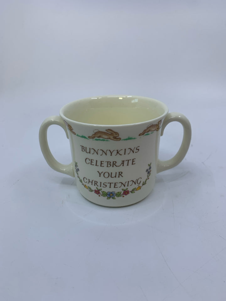 BUNNYKINS CELEBRATE YOUR CHRISTENING DOUBLE HANDLE MUG.