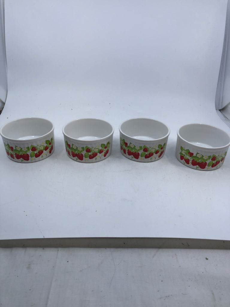 4 WHITE STRAWBERRY RAMEKINS.