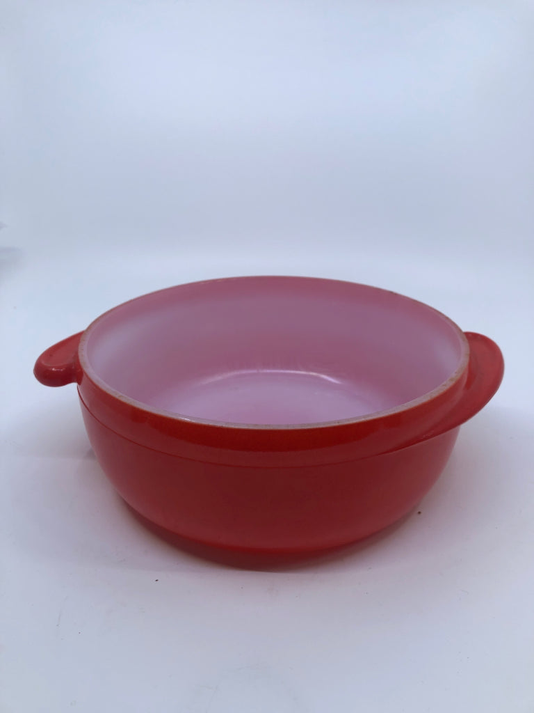 VTG RED/WHITE GLASS BAKING DISH W HANDLES.