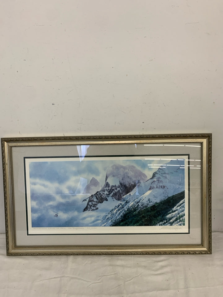 FRAMED SNOW MOUNTAIN SIGNED PRINT.