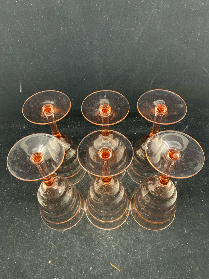 6 PINK GLASS SLIGHTLY FLARED WINE GLASSES.