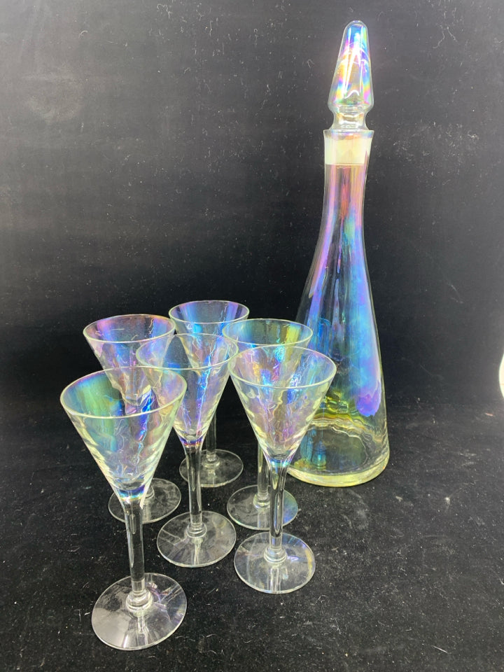 7PC IRIDESCENT DECANTER SET - 6 GLASSES, 1 DECANTER.