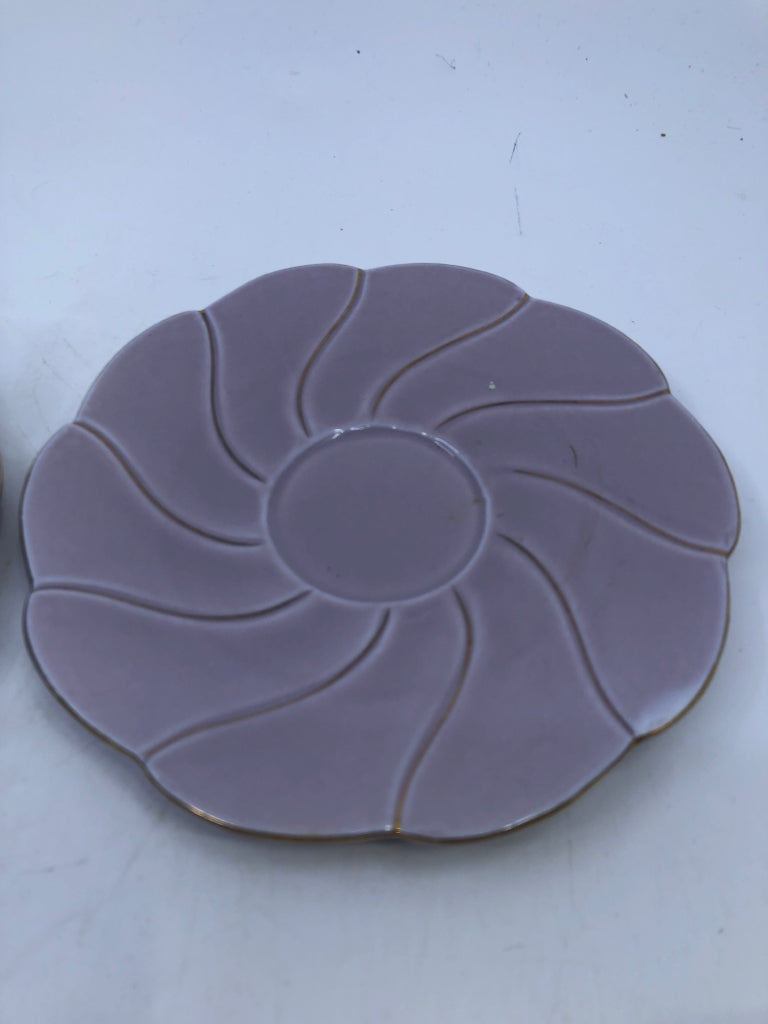 2 PURPLE AND GOLD ACCENT TEACUP + SAUCERS - 2 CUPS, 2 SAUCERS.
