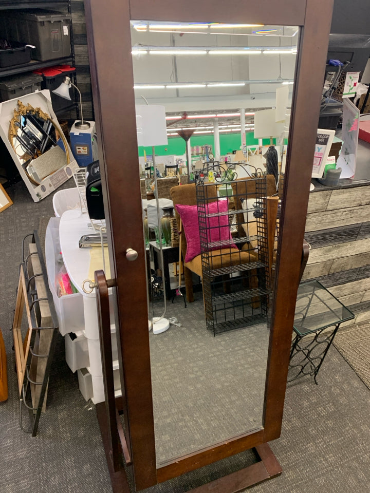DARK WOOD STANDING MIRROR WITH JEWELRY STORAGE.