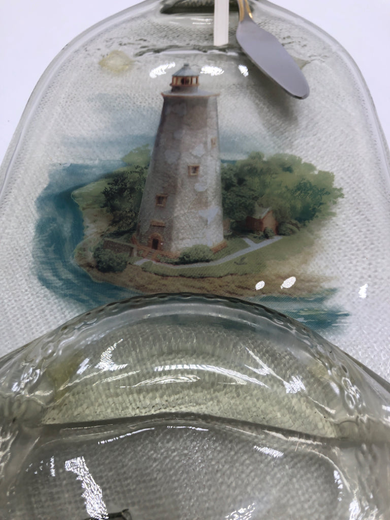 FLATTENED LIGHTHOUSE WINE BOTTLE CHEESE TRAY W/SPREADER.