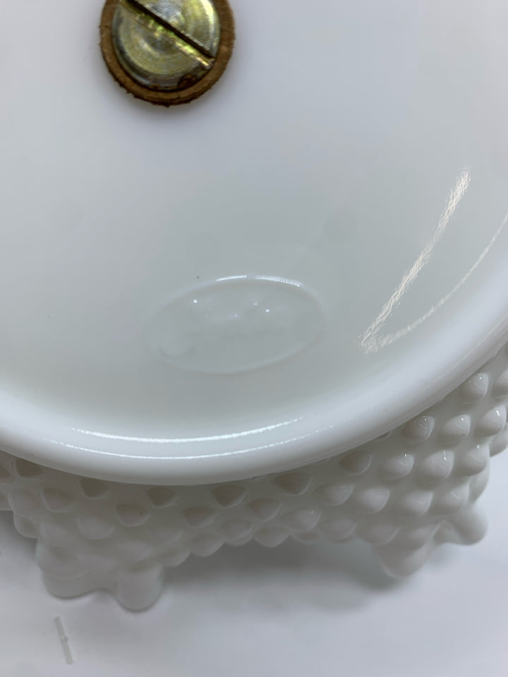 VTG FENTON MILK GLASS HOBNAIL RUFFLED EDGE CANDY DISH W/SILVER HANDLE.