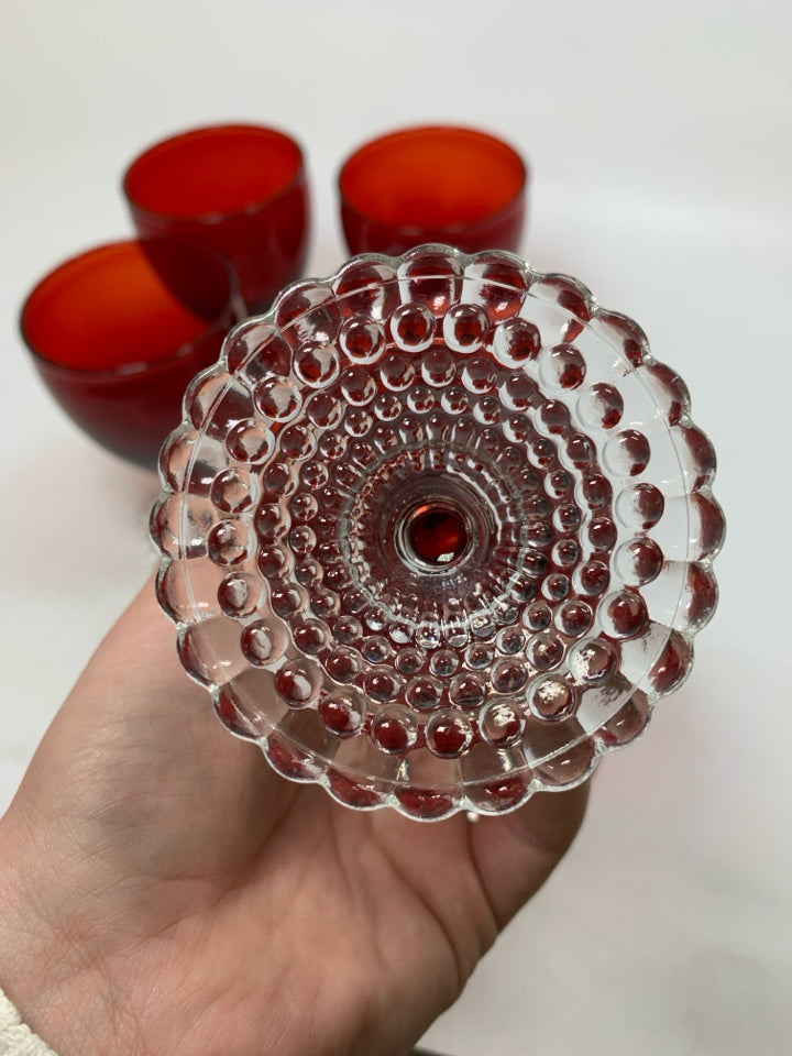 5 VTG BUBBLE FOOT RUBY RED JUICE GOBLETS.