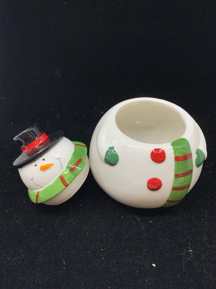 SMALL SNOWMAN W GREEN SCARF COOKIE JAR.