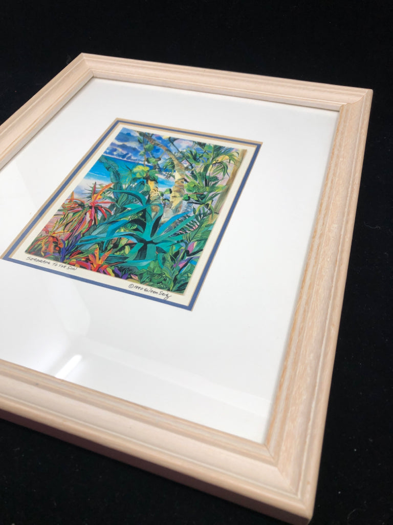 TROPICAL PLANTS SIGNED PRINT IN WHITE FRAME.