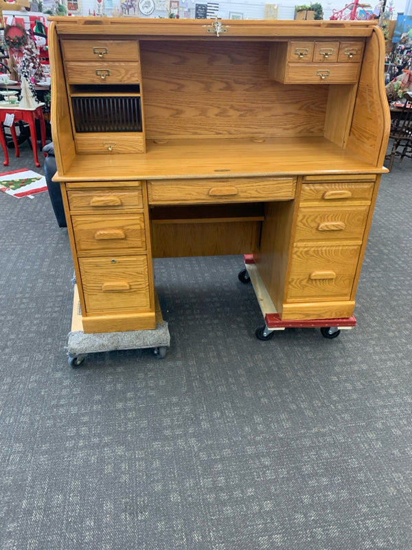 BLONDE WOOD ROLL TOP DESK.