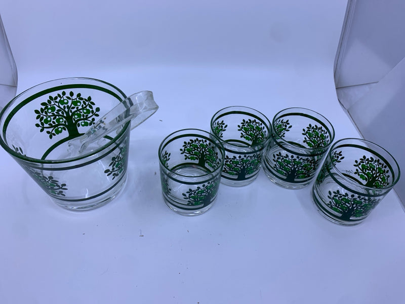 VTG 6 PC DRINK SET W/ GREEN APPLE TREES GREEN LINES 4 GLASSES, ICE BUCKET,TONG.