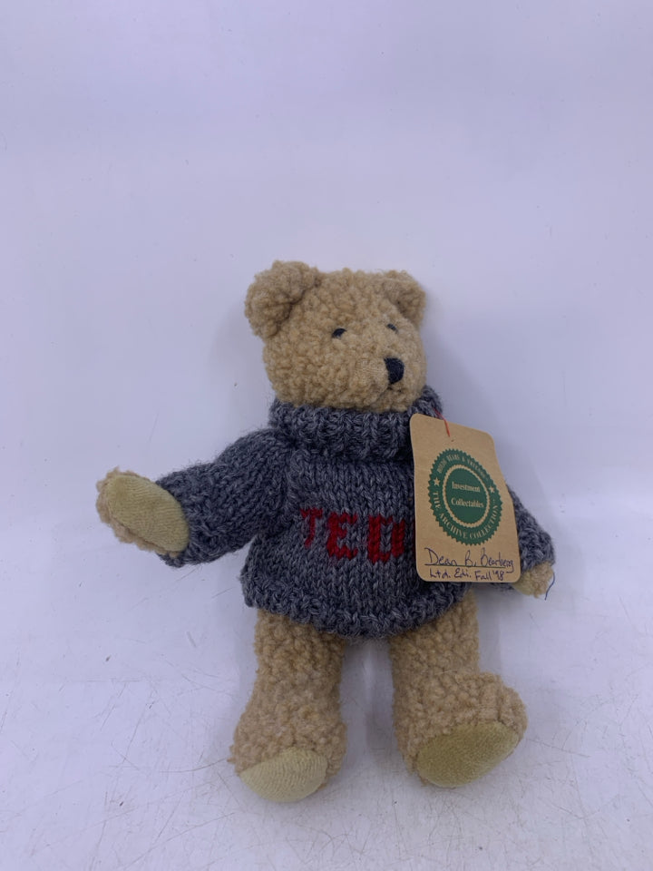 SMALL TAN BEAR W/ DARK BLUE TEDDY SWEATER BOYDS BEAR.