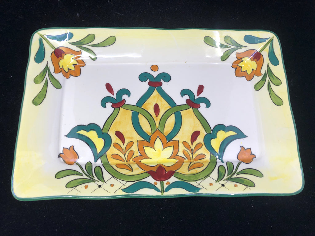 2 CERAMIC SERVING PLATTERS ORANGE/YELLOW FLOWER DESIGN DARK GREEN RIM.