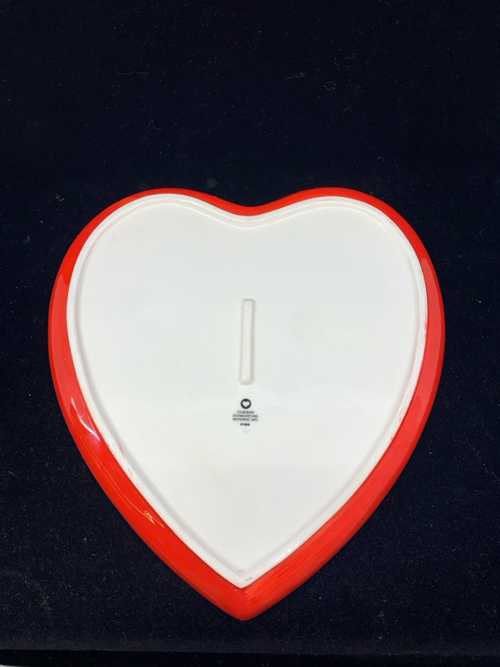 WHITE W RED RIM HEART SHAPED SERVING DISH.