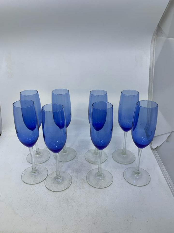 8 CLEAR STEM W/ BLUE BASE CHAMPAGNE GLASSES.