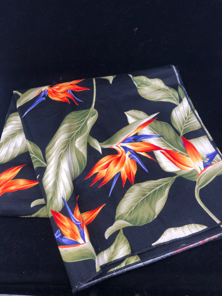 SQUARE BLACK TABLECLOTH WITH BIRDS OF PARADISE ORANGE/GREEN/BLUE.