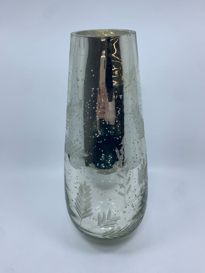TALL MERCURY GLASS VASE W/ SPECKLES/LEAF DESIGN.