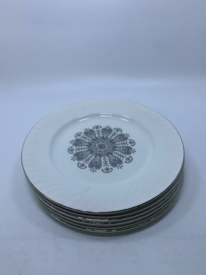 6 VTG MANCHESTER DINNER PLATES SILVER RIM.