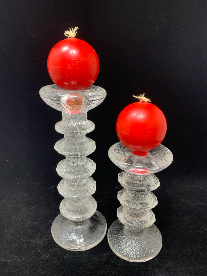 2 VTG FROSTED GLASS CANDLE HOLDERS W/RED BALL CANDLES.