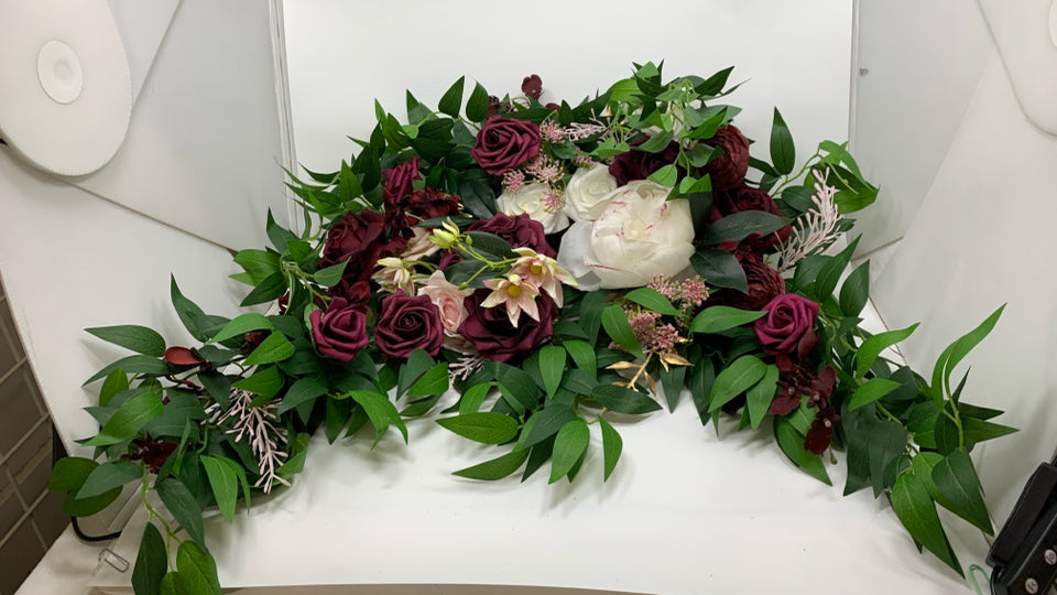 LARGE FAUX PURPLE ROSES W/GREENS CENTERPIECE BOUQUET.