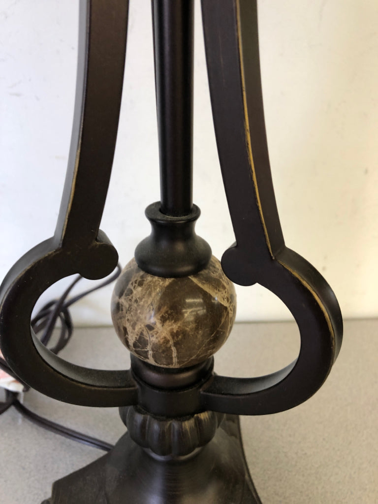 HEAVY METAL BASE LAMP W MARBLE BALL AND FAUX SKIN SHADE.