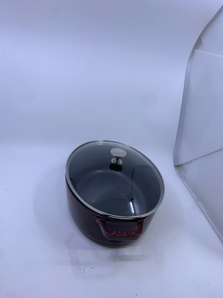 OVAL MAROON HEAVY DUTY STAUB DUTCH OVENDISH WITH GLASS LID.