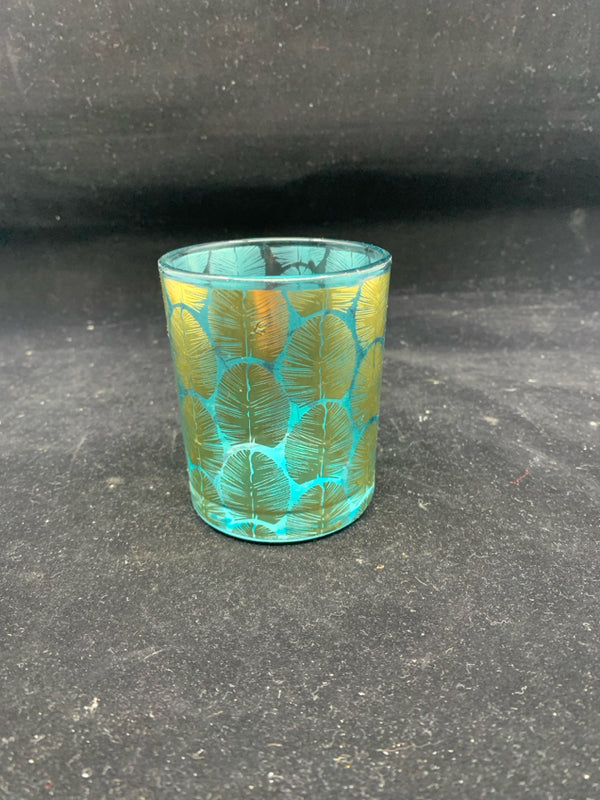 SMALL TEAL AND GOLD CANDLE HOLDER.