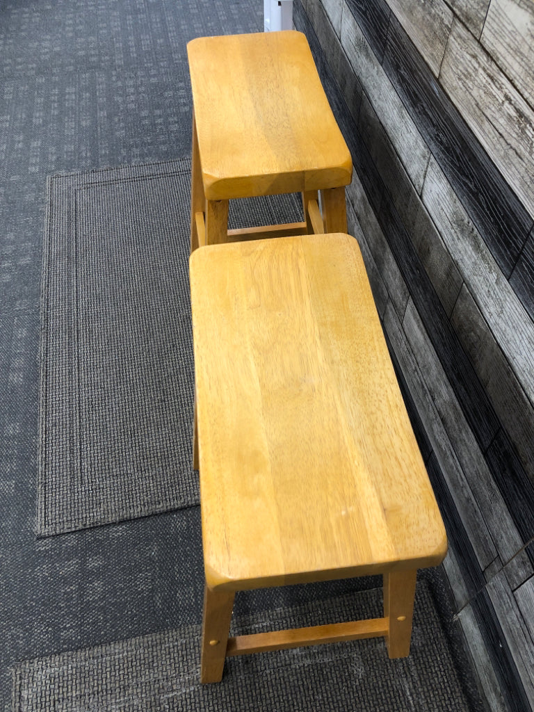 2 SHORT WOOD STOOLS.
