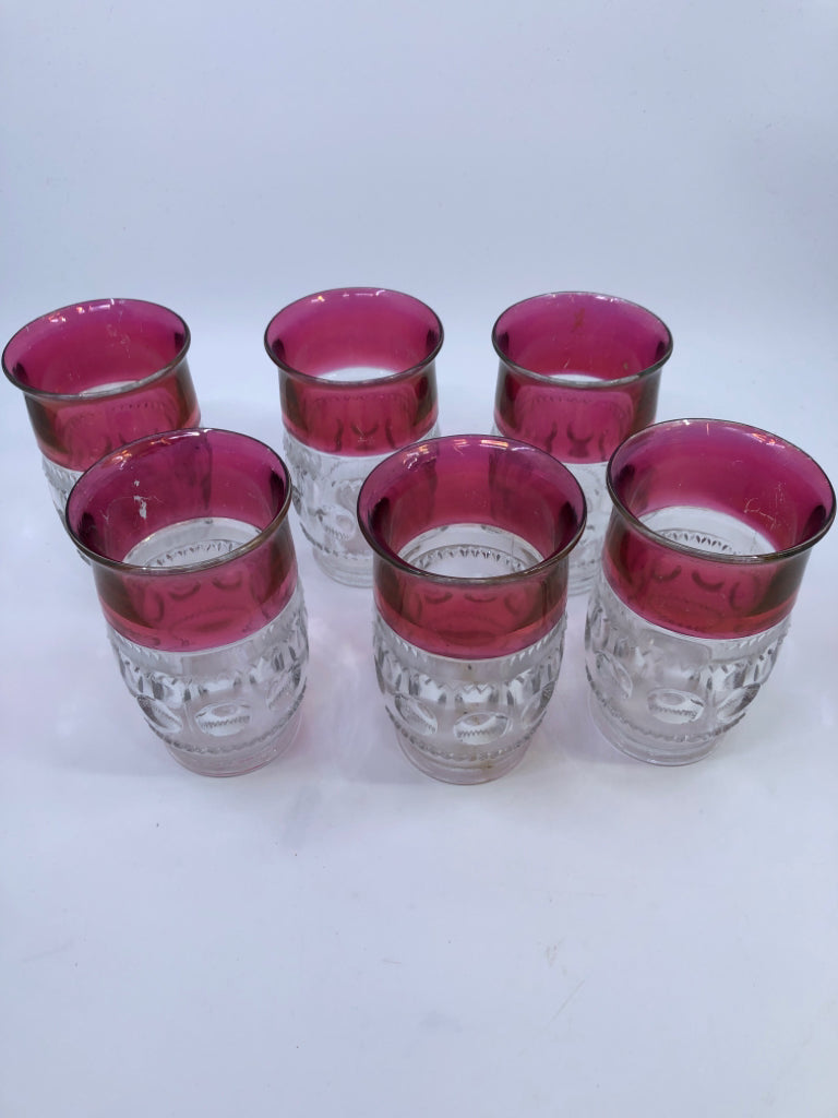 6 VTG CRANBERRY THUMBPRINT PATTERN GLASSES.