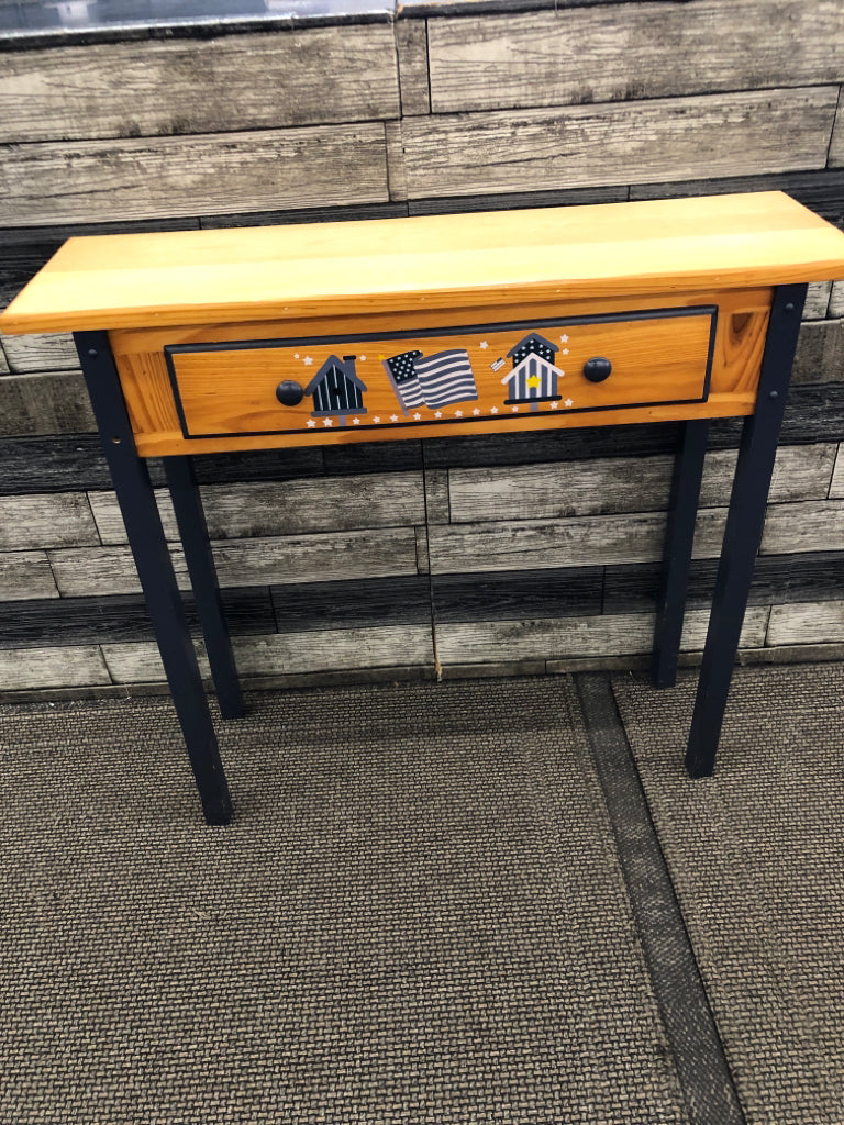 WOOD FLAG+ BIRDHOUSE CONSOLE TABLE W-BLUE LEGS.