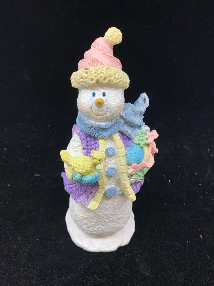 CERAMIC SNOWMAN HOLDING YELLOW BIRD.