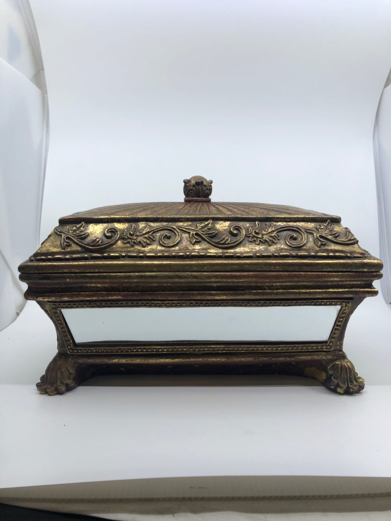 HEAVY GOLD ORNATE MIRRORED BOX W LID.