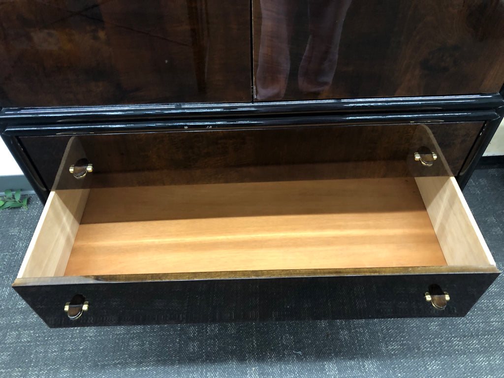 VTG BLACK W/BROWN BURLWOOD ARMOIRE W/ 4 SHELVES AND 3 DRAWERS.