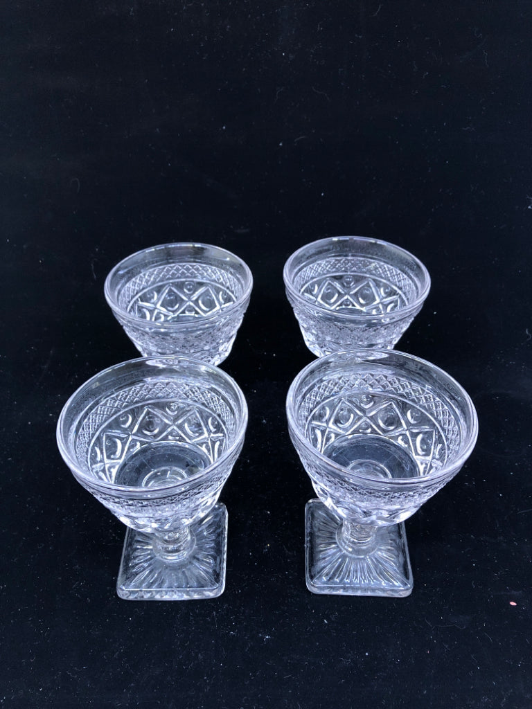 4 SQUARE BOTTOM CUT GLASS WINE GLASSES.