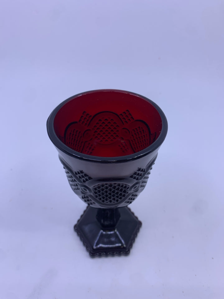 4 FOOTED CRANBERRY GLASS SMALL GOBLETS.