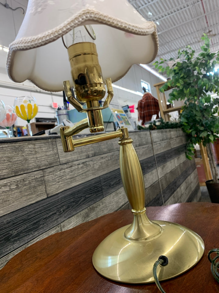 GOLD ADJUSTABLE ARM LAMP W/ SMALL WHITE SHADE.