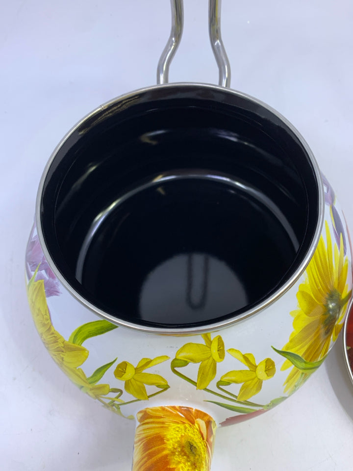 METAL FLORAL TEA KETTLE W/TALL CURVED HANDLE.