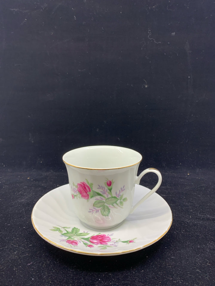 WHITE W/PINK FLOWERS TEA CUP + SAUCER.