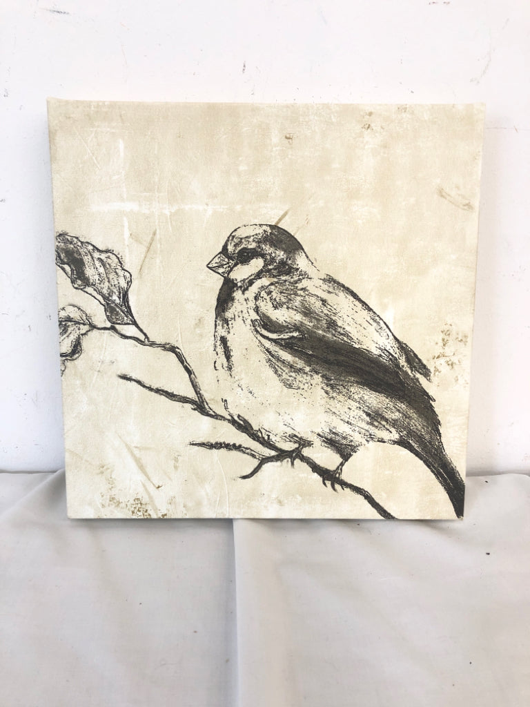 SMALL CANVAS W/ PENCIL SKETCH BIRD ON BRANCH.