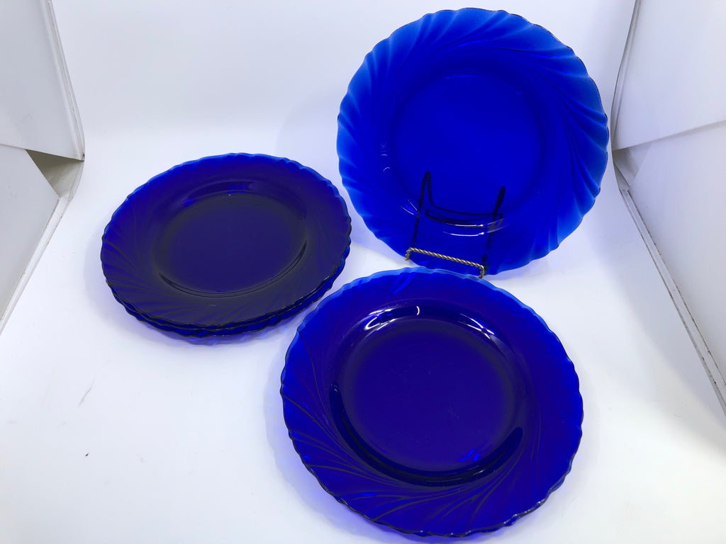 6 COBALT BLUE PLATES W/WAVY EDGE.