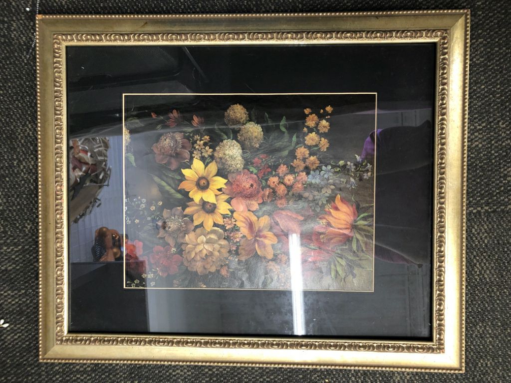 COLORFUL FLORAL BOUQUET BLACK BACKGROUND W/ GOLD FRAME.