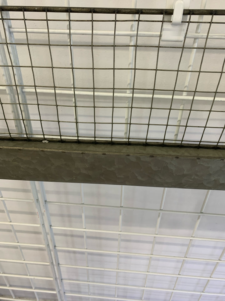 GALVANIZED METAL AND WIRE WALL SHELF.