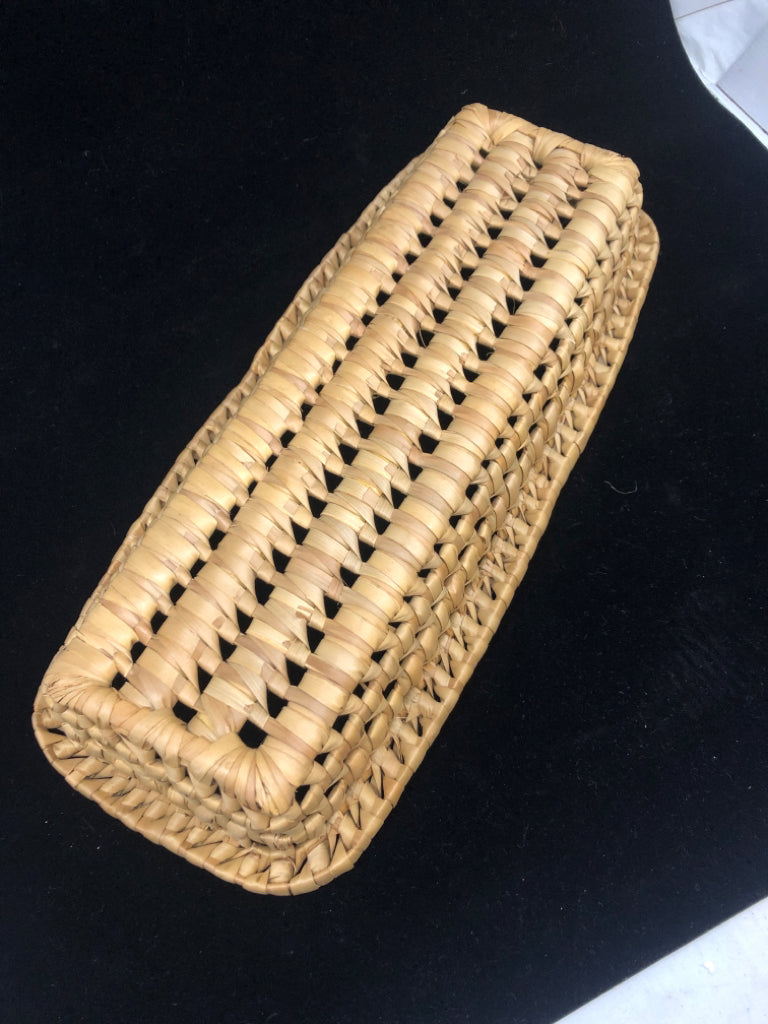 RECTANGULAR HAND WOVEN OPEN WEAVE BASKET.