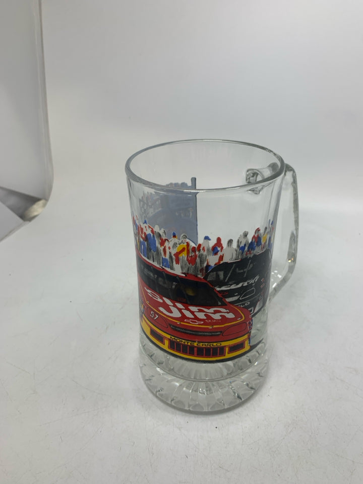 LARGE HEAVY CLEAR GLASS NASCAR STEIN.