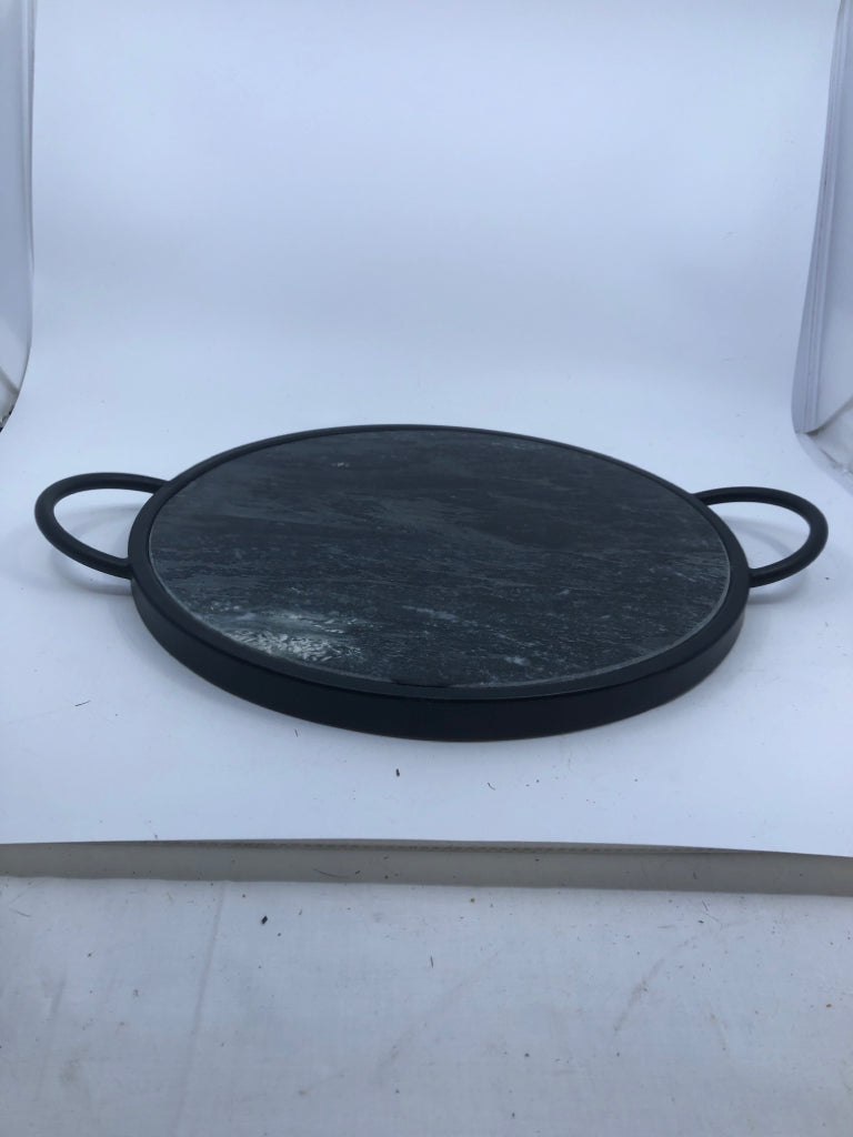 HEAVY DARK MARBLE TRAY W/ BLACK METAL INSERT/HANDLES.