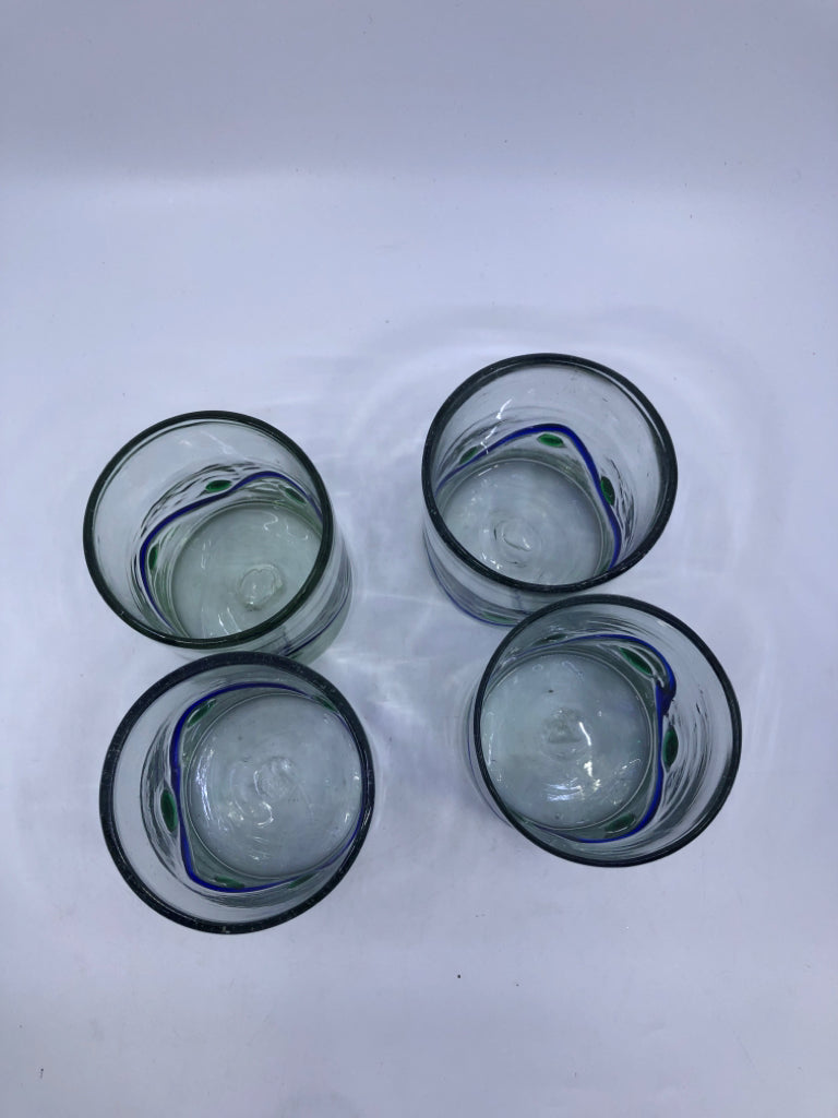 4 GREEN AND BLUE SHORT BLOWN GLASS GLASSES.