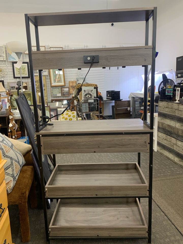 RUSTIC GREY, BLACK METAL BAKERS RACK- PLUG/USB OUTLETS.