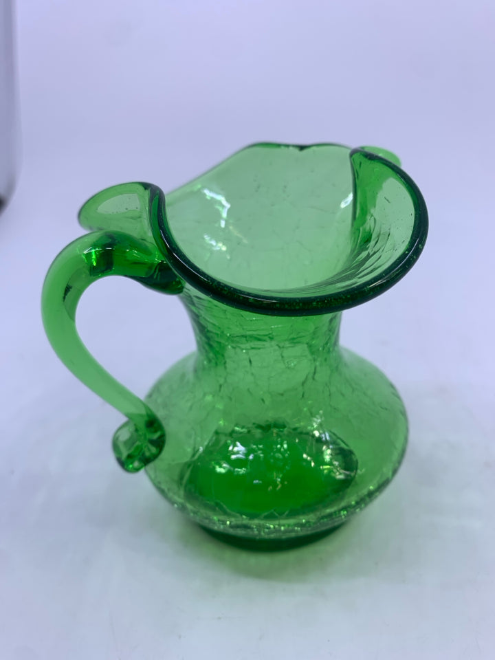 NARROW NECK GREEN CRACKLE GLASS VASE.