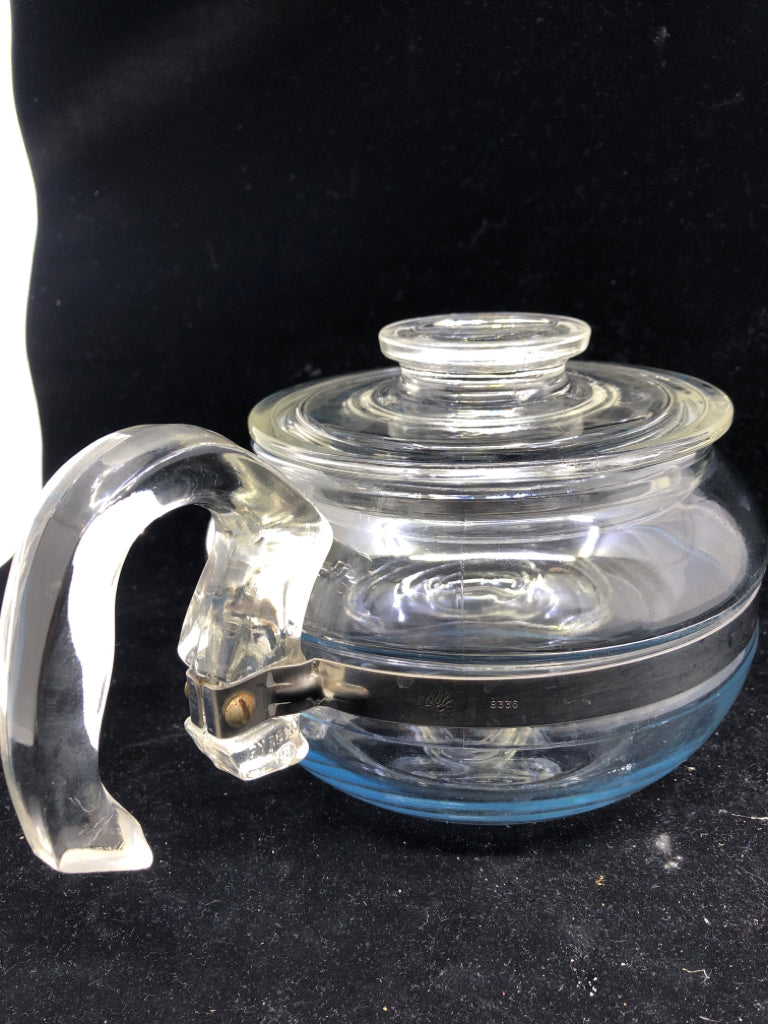 VTG FLAMEWARE 6 CUP GLASS TEAPOT W METAL BAND #8336.