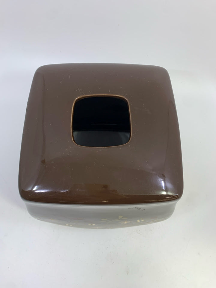 BROWN GOLD CERAMIC TISSUE COVER W/FLOWERS.